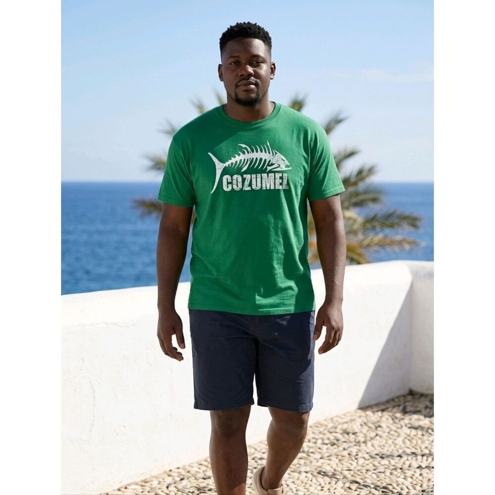 Men's XL Cozumel Green Fish bone Graphic Print Cotton Tee Souvenior T-Shirt